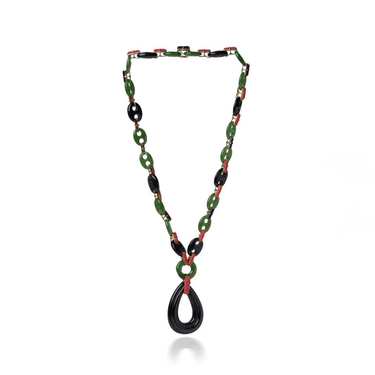 Vintage 18KT Gold Jade, Onyx and Coral Necklace