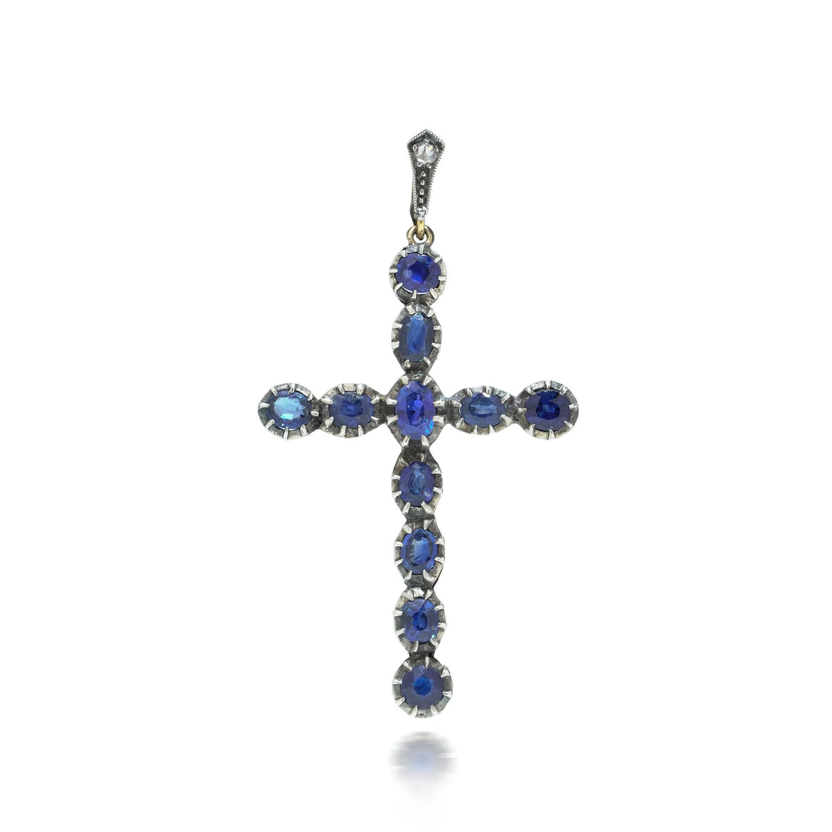 Victorian 9 Carat Gold and Silver Sapphire Cross Pendant, 3.40 Carats