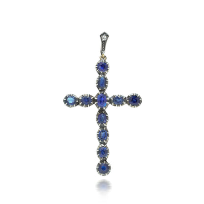 Victorian 9 Carat Gold and Silver Sapphire Cross Pendant, 3.40 Carats