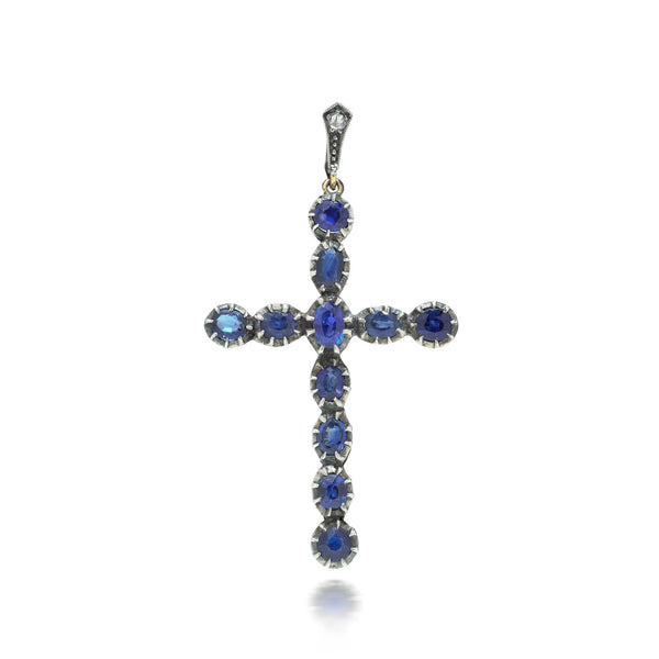 Victorian 9 Carat Gold and Silver Sapphire Cross Pendant, 3.40 Carats