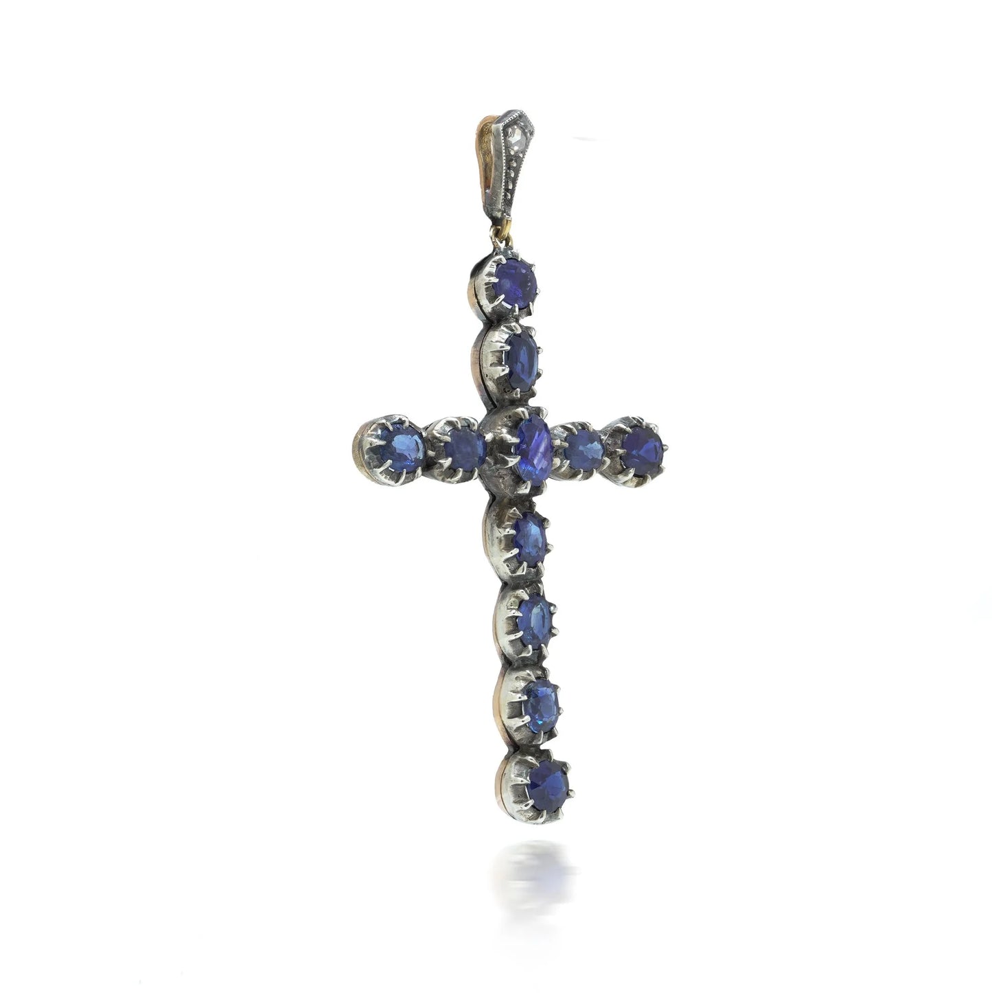 Victorian 9 Carat Gold and Silver Sapphire Cross Pendant, 3.40 Carats