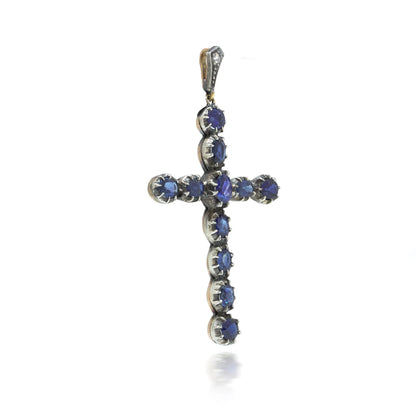 Victorian 9 Carat Gold and Silver Sapphire Cross Pendant, 3.40 Carats