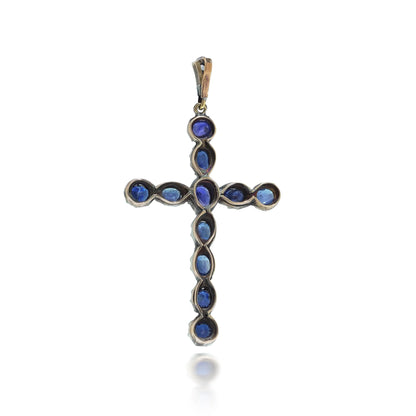 Victorian 9 Carat Gold and Silver Sapphire Cross Pendant, 3.40 Carats