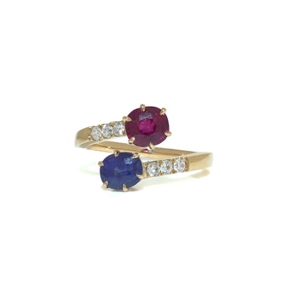 18 Carat Yellow Gold Ruby, Sapphire and Diamond Crossover Ring