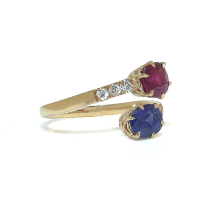 18 Carat Yellow Gold Ruby, Sapphire and Diamond Crossover Ring