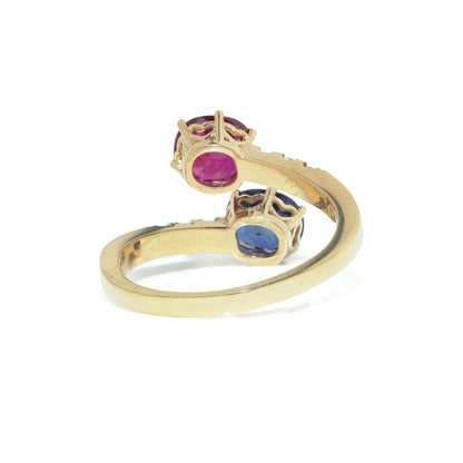 18 Carat Yellow Gold Ruby, Sapphire and Diamond Crossover Ring