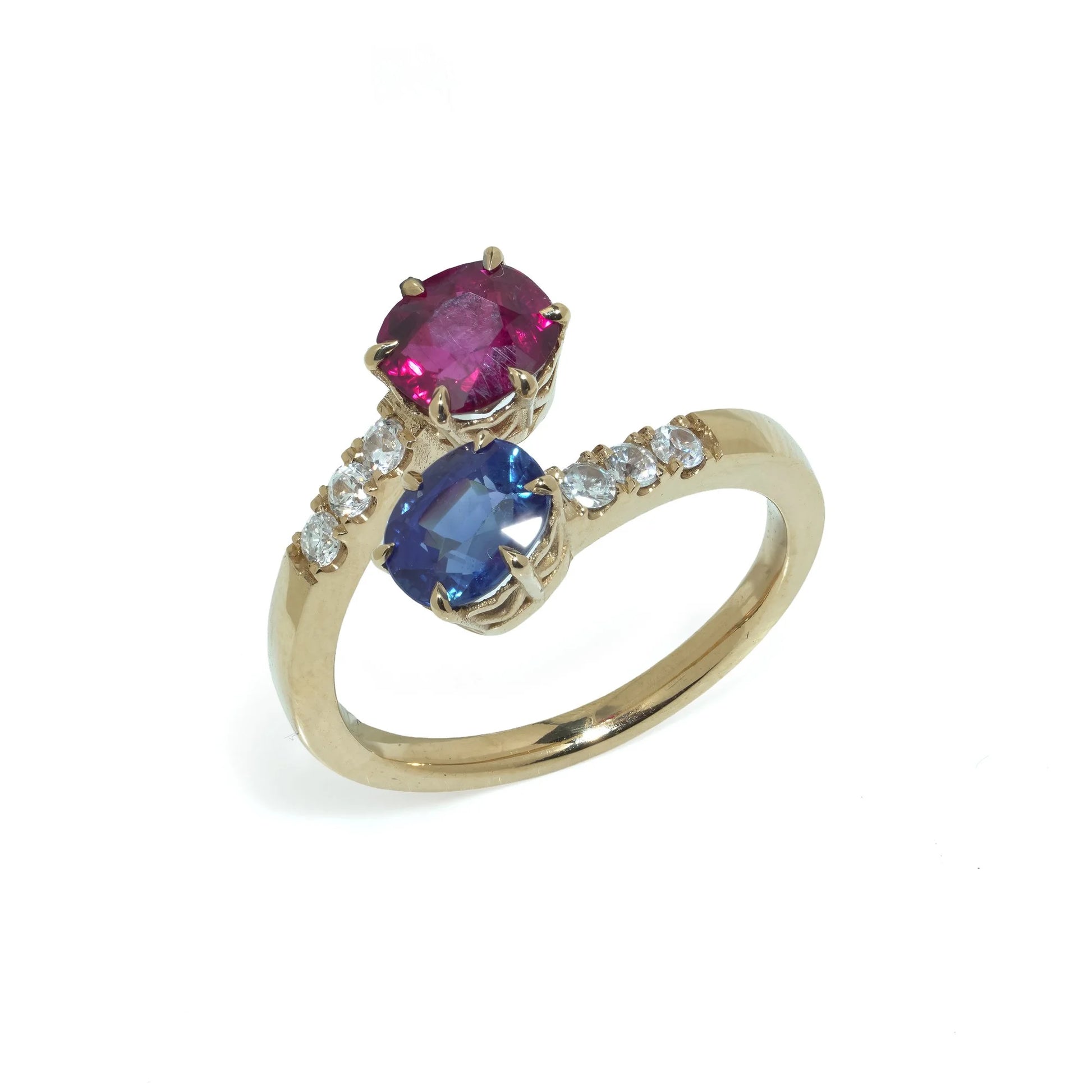 18 Carat Yellow Gold Ruby, Sapphire and Diamond Crossover Ring