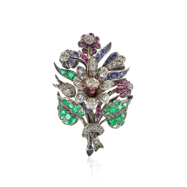 Victorian 9KT Gold and Silver Emerald, Ruby, Sapphire and Diamond Floral Brooch