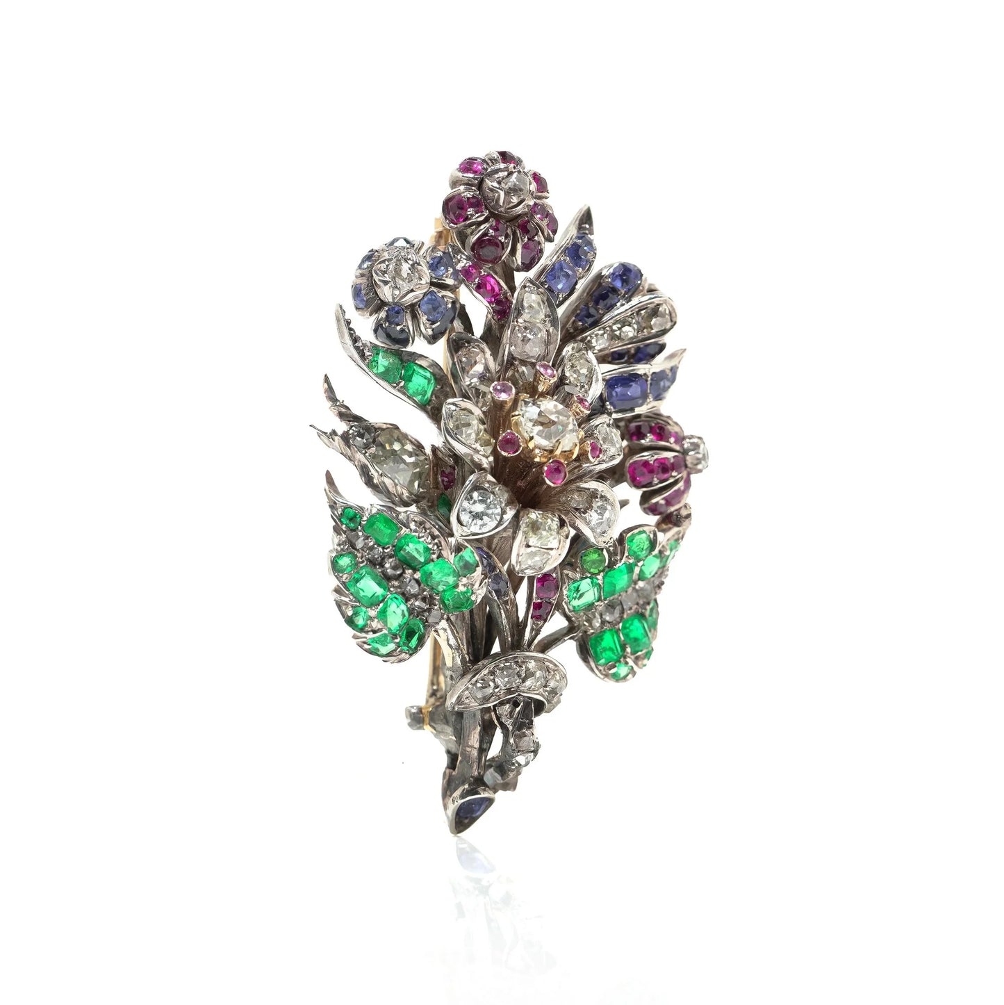 Victorian 9KT Gold and Silver Emerald, Ruby, Sapphire and Diamond Floral Brooch