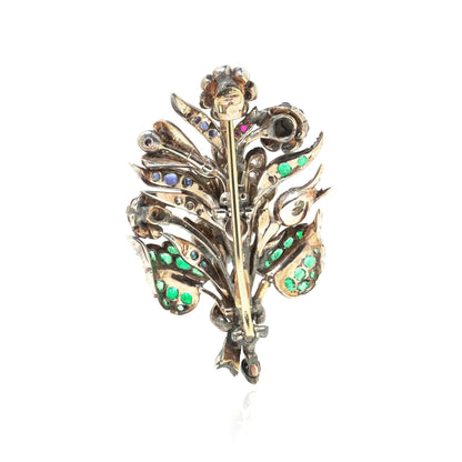 Victorian 9KT Gold and Silver Emerald, Ruby, Sapphire and Diamond Floral Brooch