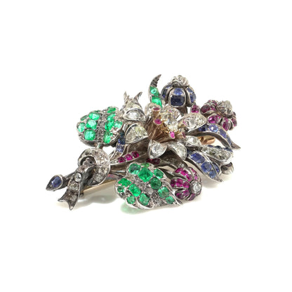 Victorian 9KT Gold and Silver Emerald, Ruby, Sapphire and Diamond Floral Brooch