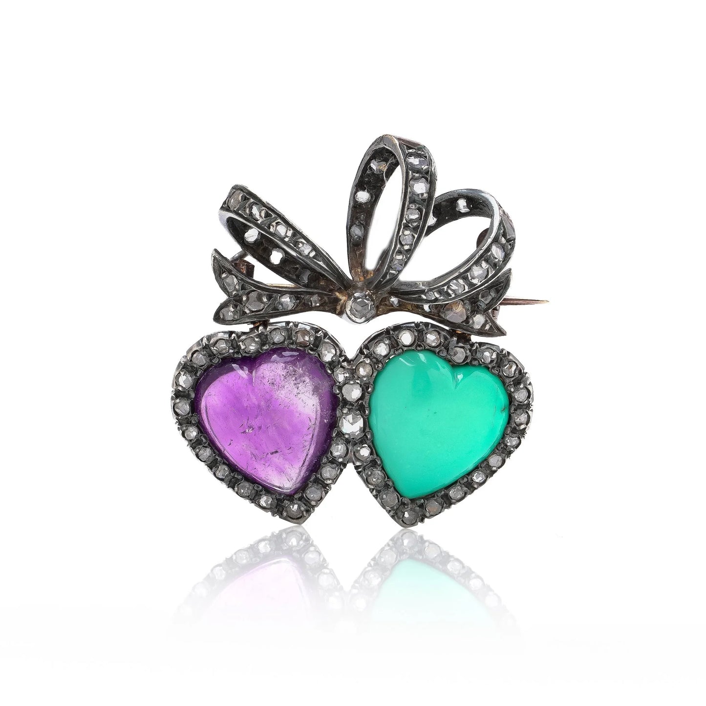 Victorian 9KT Gold and Silver Turquoise, Amethyst and Diamond Double Heart Brooch