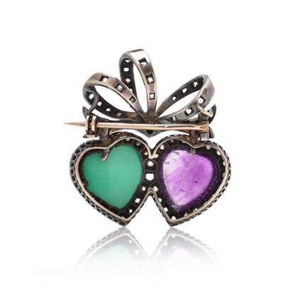 Victorian 9KT Gold and Silver Turquoise, Amethyst and Diamond Double Heart Brooch