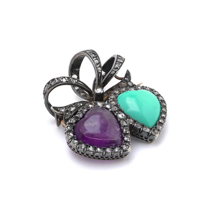 Victorian 9KT Gold and Silver Turquoise, Amethyst and Diamond Double Heart Brooch