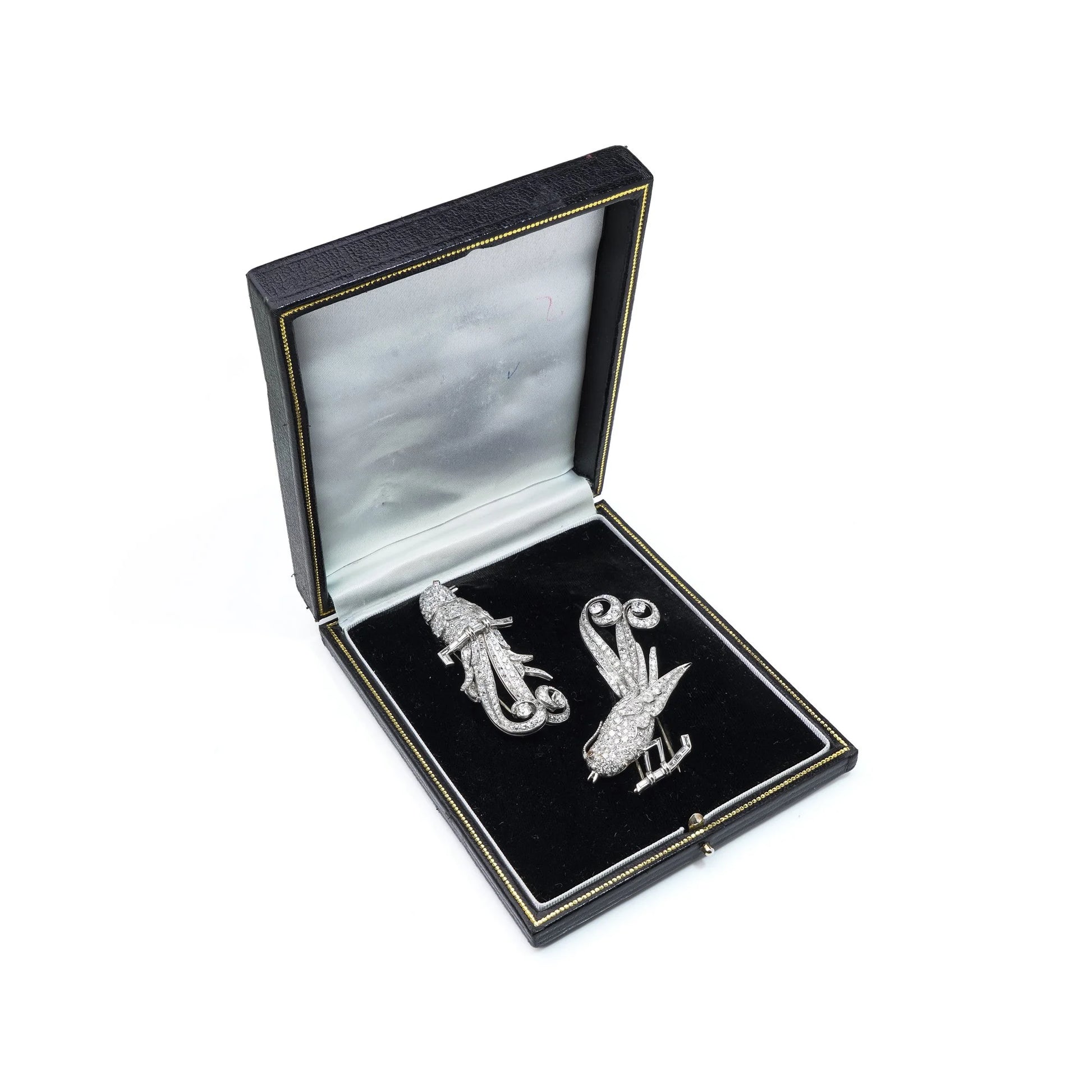 Art Deco Platinum Double Clip Diamond Bird Brooches