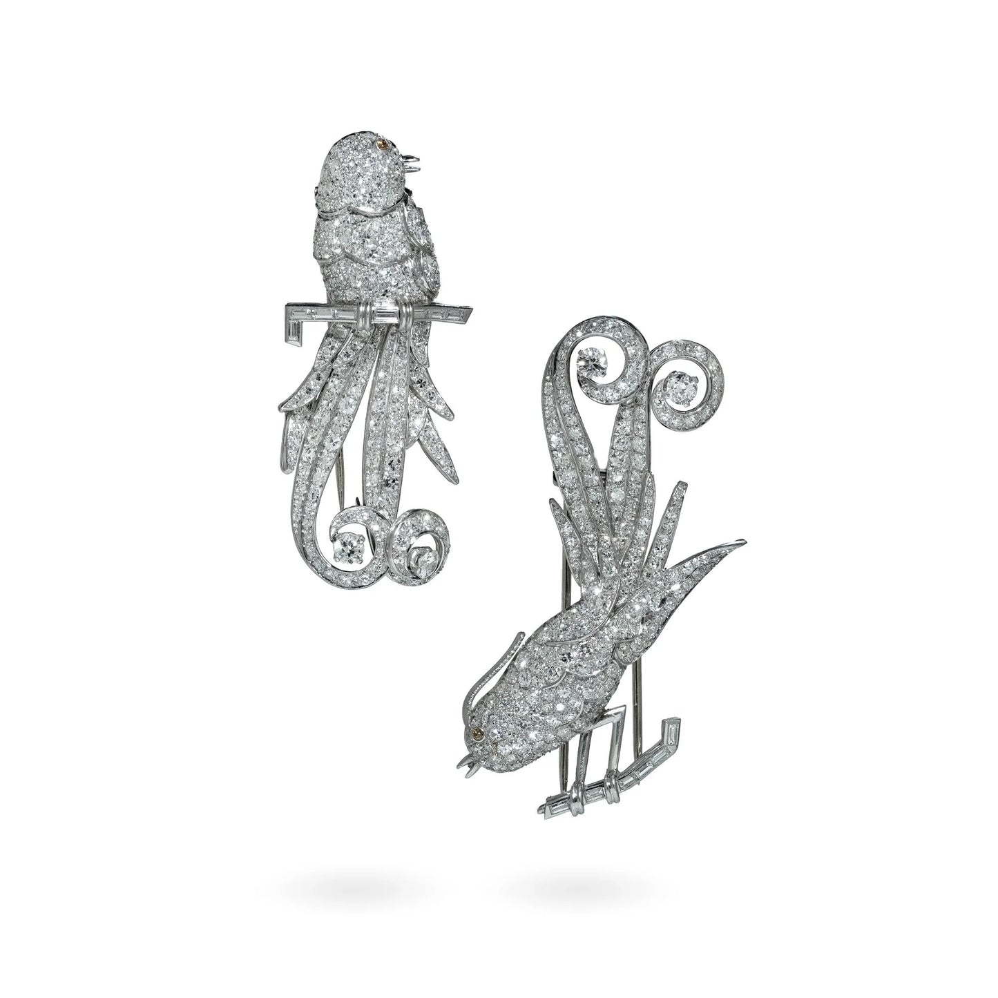 Art Deco Platinum Double Clip Diamond Bird Brooches