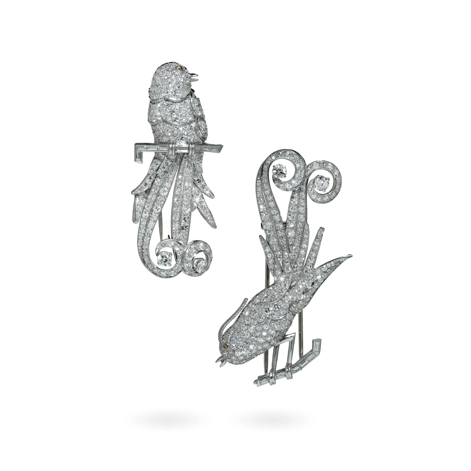 Art Deco Platinum Double Clip Diamond Bird Brooches