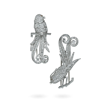 Art Deco Platinum Double Clip Diamond Bird Brooches
