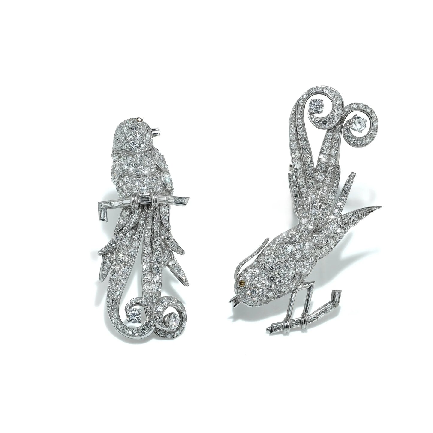 Art Deco Platinum Double Clip Diamond Bird Brooches