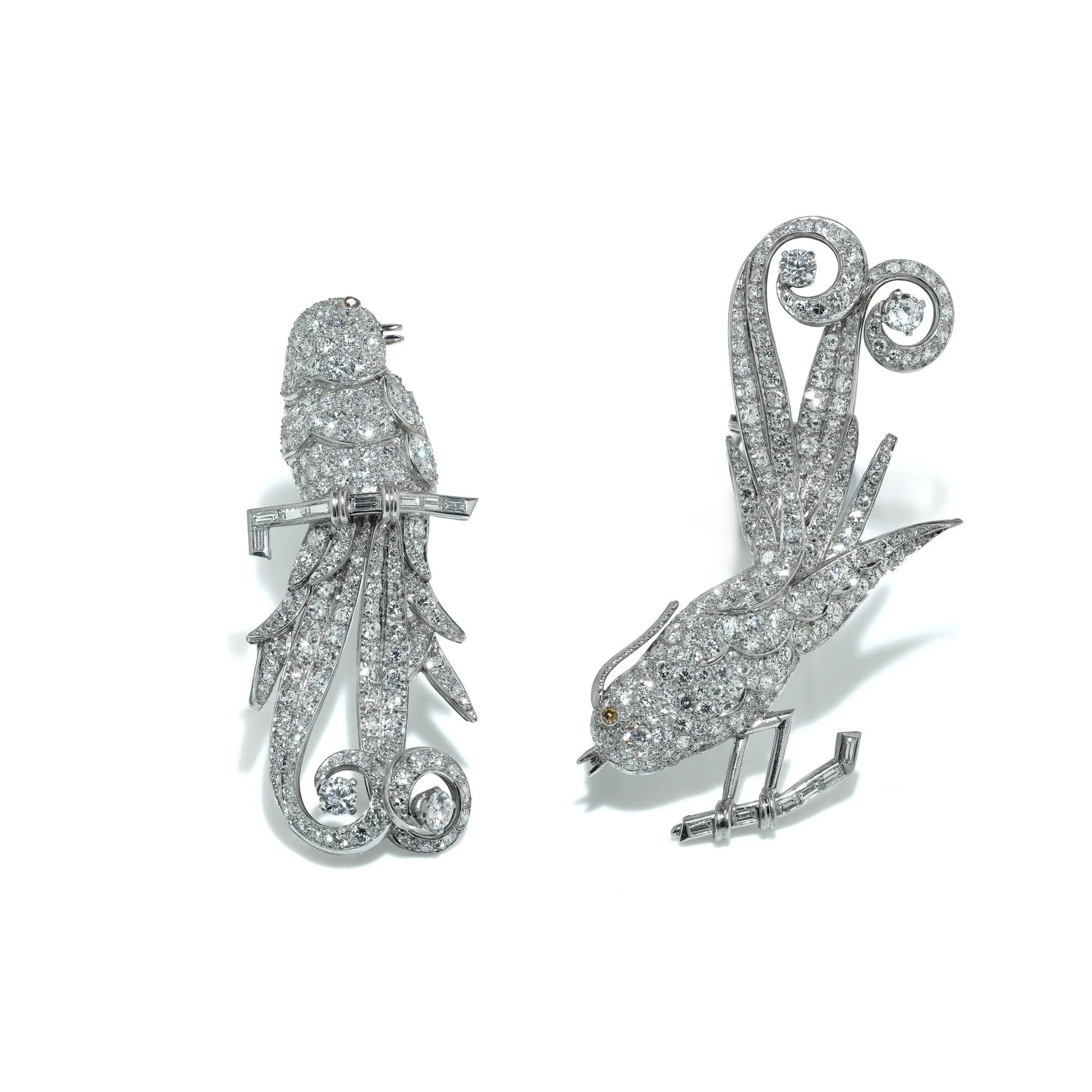 Art Deco Platinum Double Clip Diamond Bird Brooches