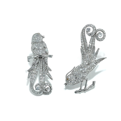 Art Deco Platinum Double Clip Diamond Bird Brooches
