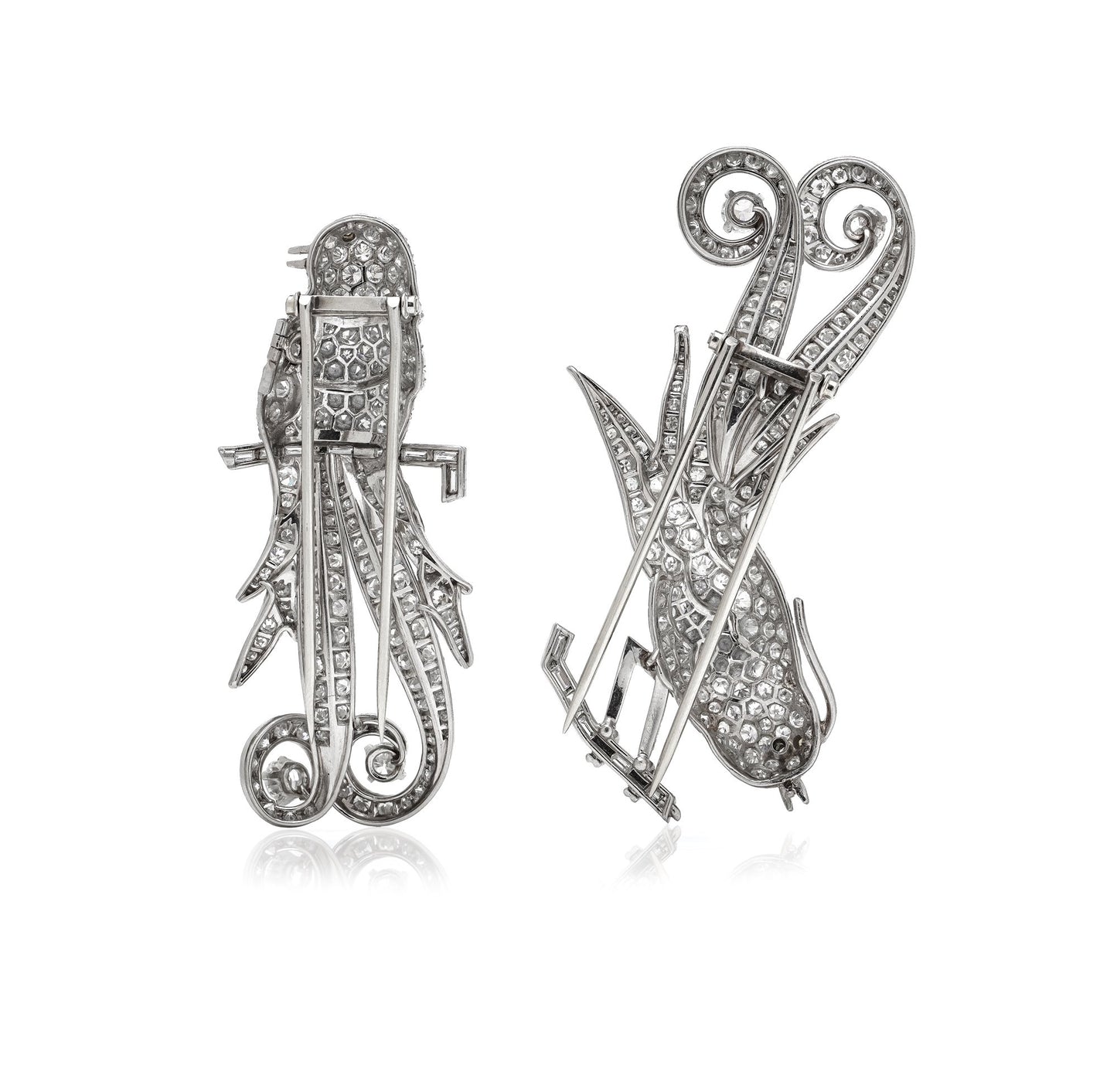 Art Deco Platinum Double Clip Diamond Bird Brooches