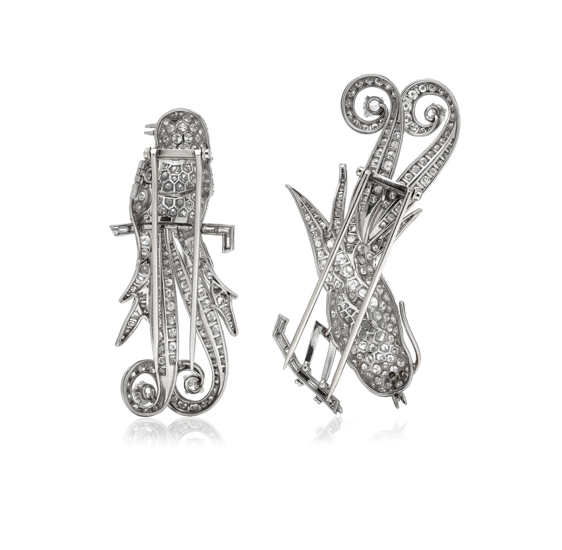 Art Deco Platinum Double Clip Diamond Bird Brooches