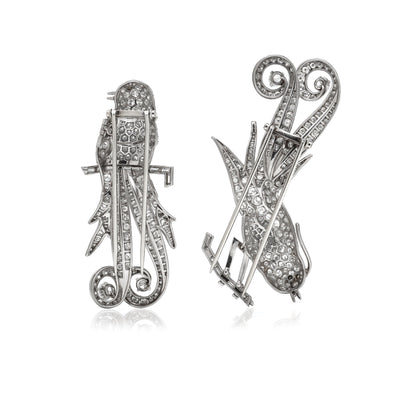 Art Deco Platinum Double Clip Diamond Bird Brooches