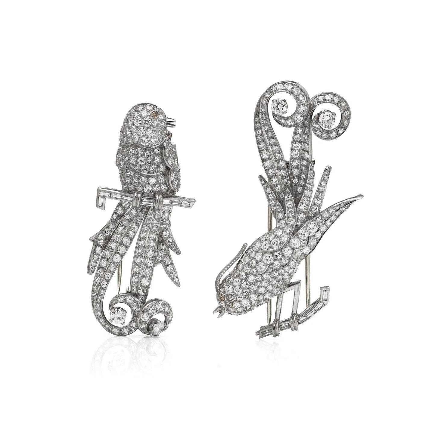 Art Deco Platinum Double Clip Diamond Bird Brooches