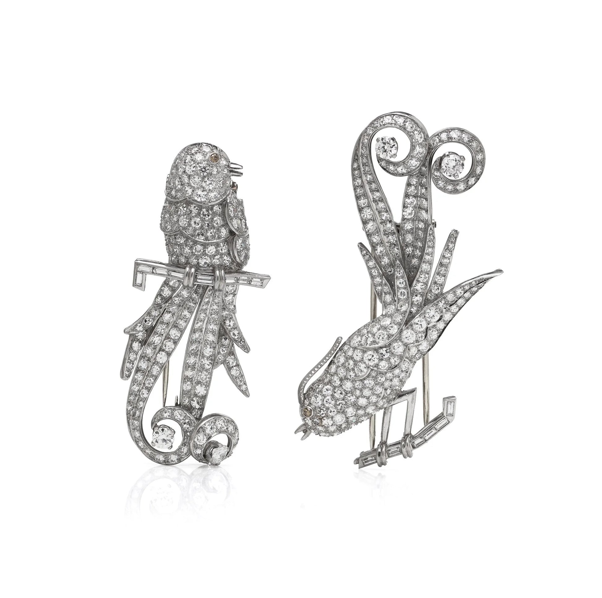 Art Deco Platinum Double Clip Diamond Bird Brooches