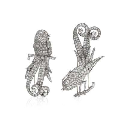 Art Deco Platinum Double Clip Diamond Bird Brooches