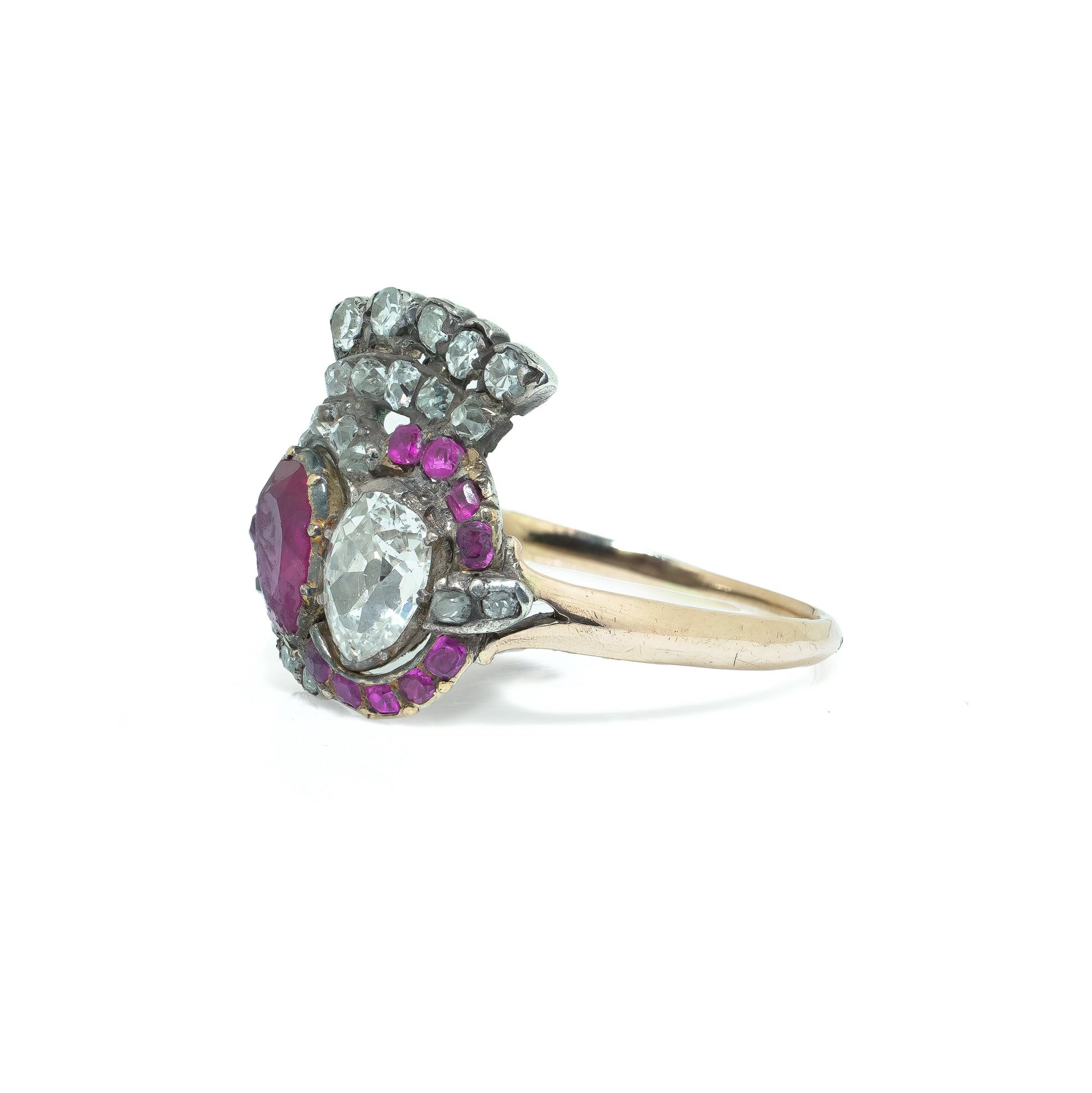 Georgian Gold Natural Ruby and Diamond Cluster Ring