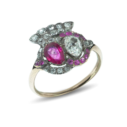 Georgian Gold Natural Ruby and Diamond Cluster Ring