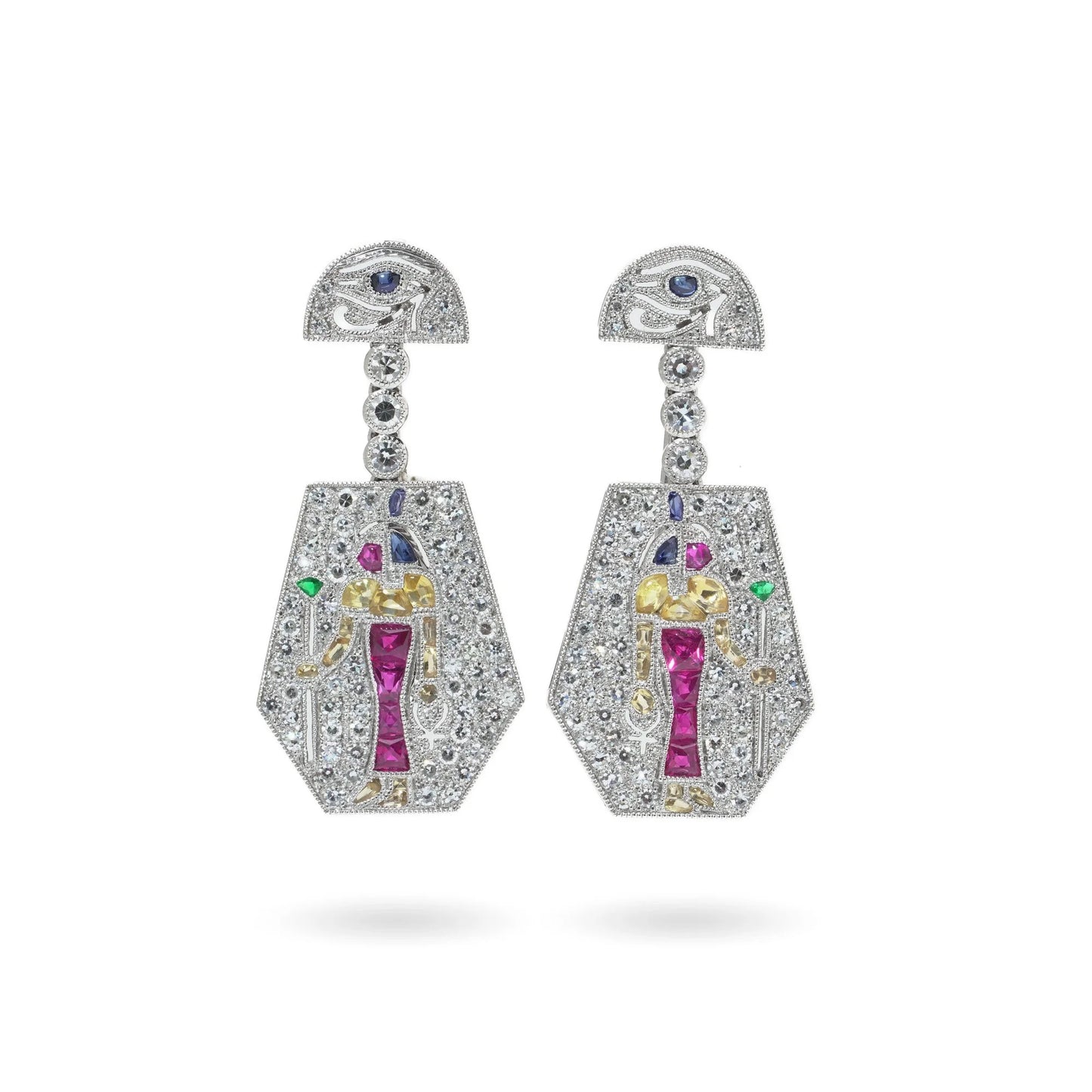 A pair of Eye of Horus drop earrings set with diamonds, rubies, emeralds, blue sapphires and yellow sapphires, in platinum