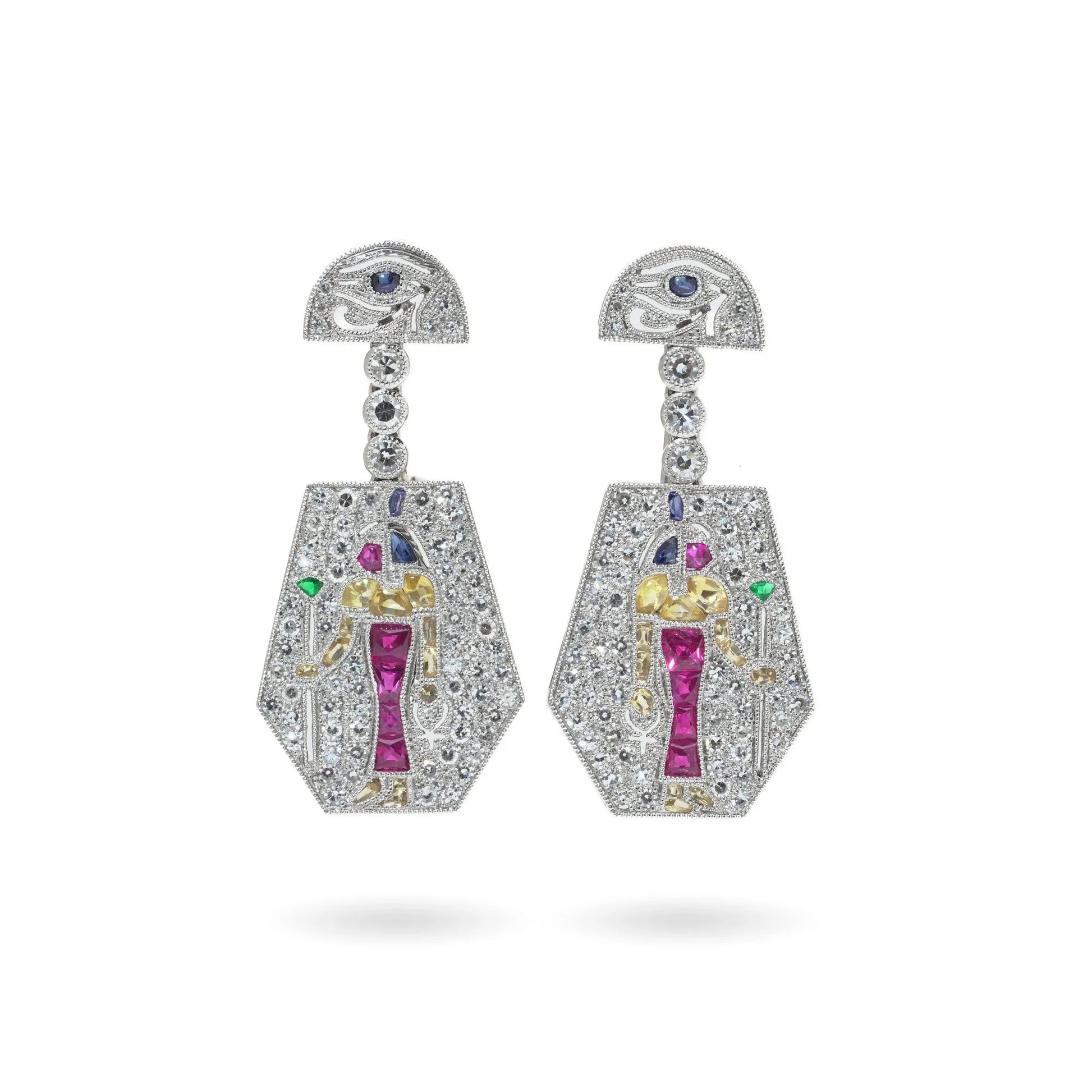 A pair of Eye of Horus drop earrings set with diamonds, rubies, emeralds, blue sapphires and yellow sapphires, in platinum