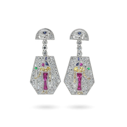 A pair of Eye of Horus drop earrings set with diamonds, rubies, emeralds, blue sapphires and yellow sapphires, in platinum