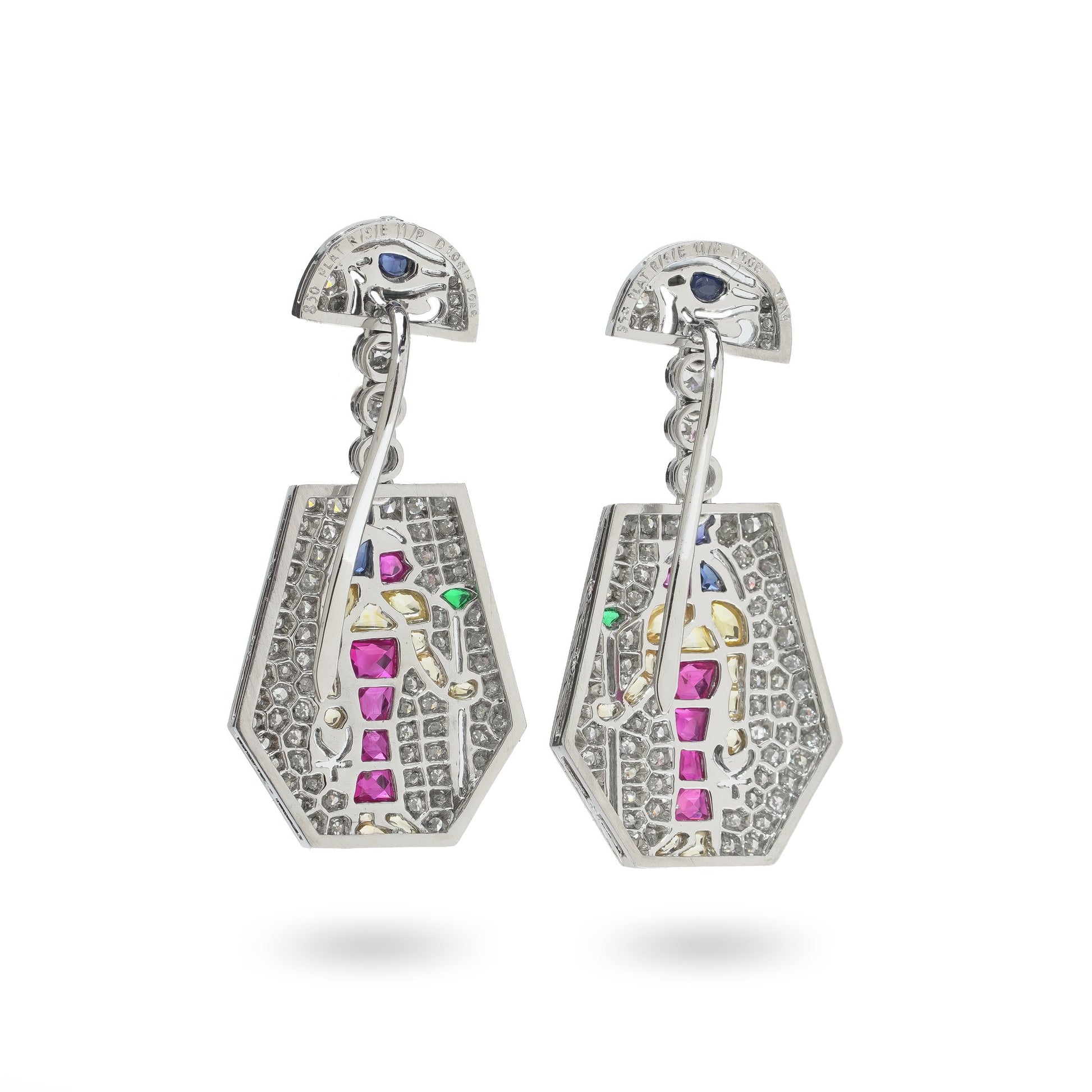 A pair of Eye of Horus drop earrings set with diamonds, rubies, emeralds, blue sapphires and yellow sapphires, in platinum