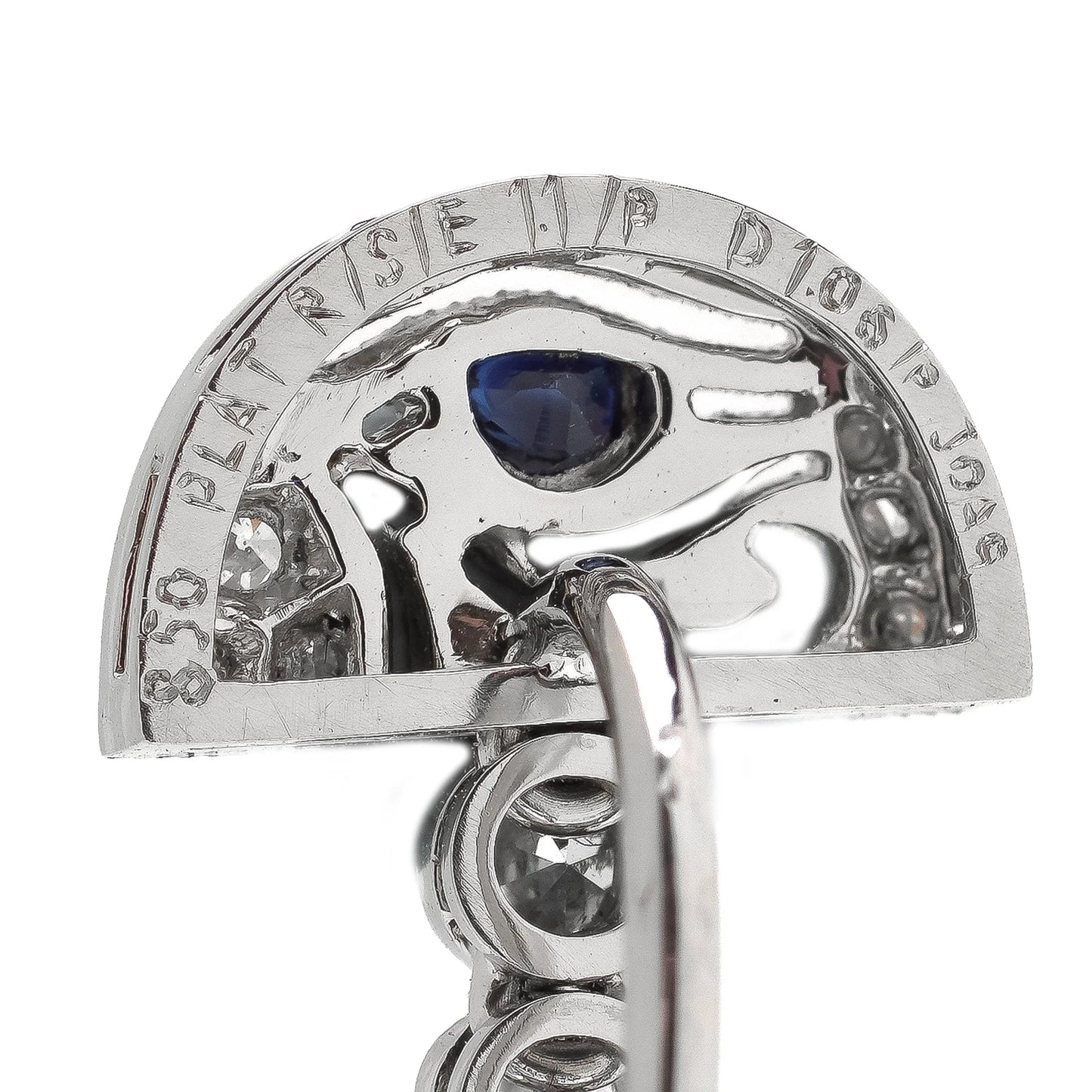 A pair of Eye of Horus drop earrings set with diamonds, rubies, emeralds, blue sapphires and yellow sapphires, in platinum