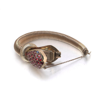 Vintage 9KT Gold Garnet-Set Snake Bracelet Watch, Circa 1950s