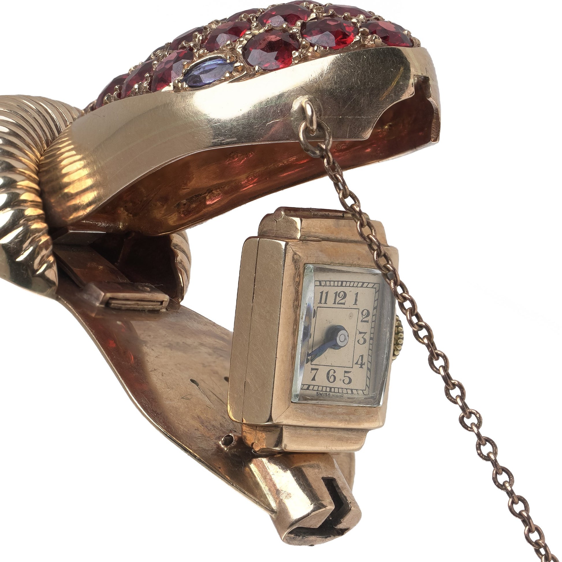 Vintage 9KT Gold Garnet-Set Snake Bracelet Watch, Circa 1950s