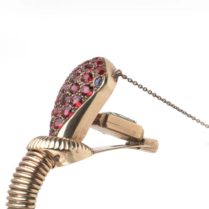 Vintage 9KT Gold Garnet-Set Snake Bracelet Watch, Circa 1950s