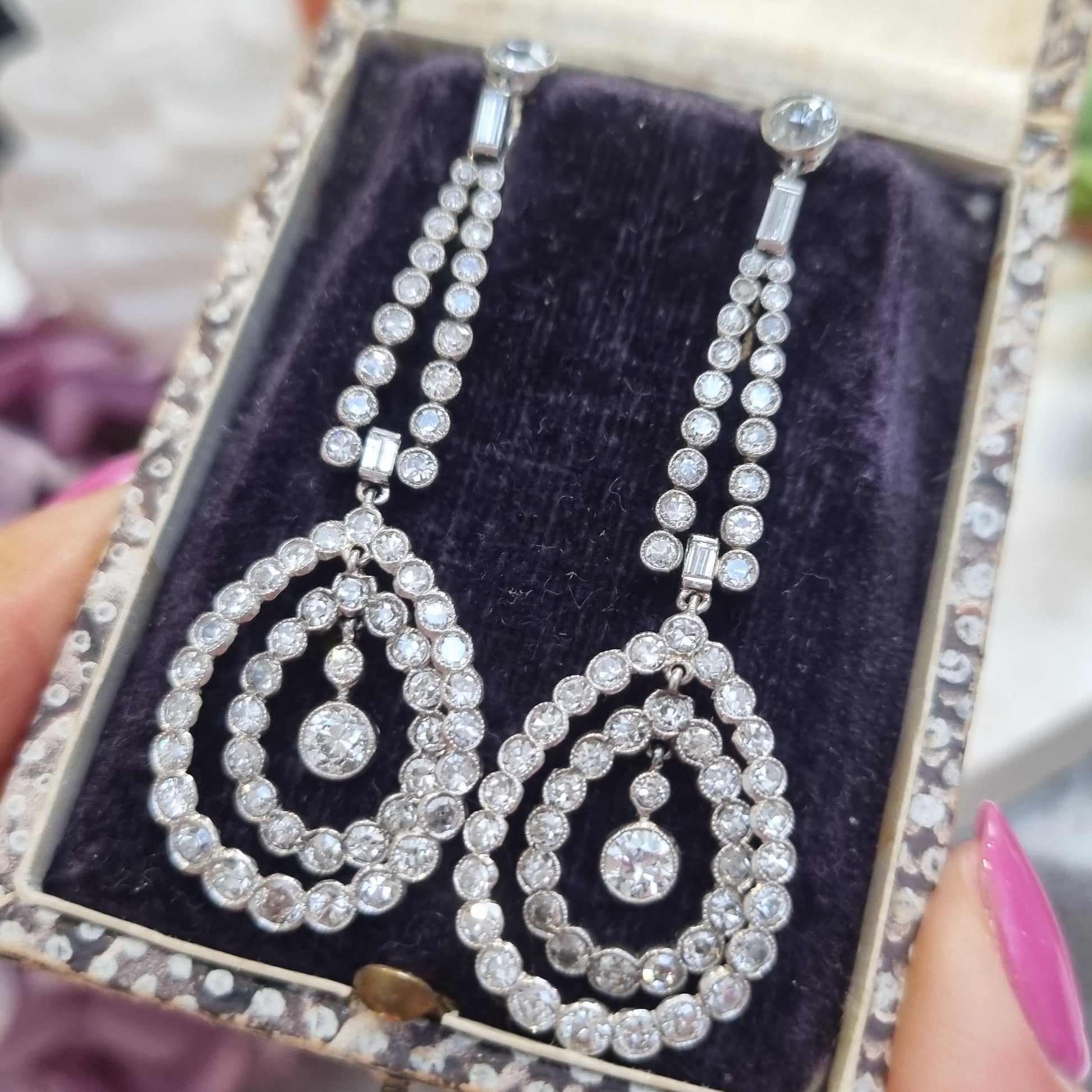 Antique Belle Epoque Old Cut Diamond Cluster Drop Earrings