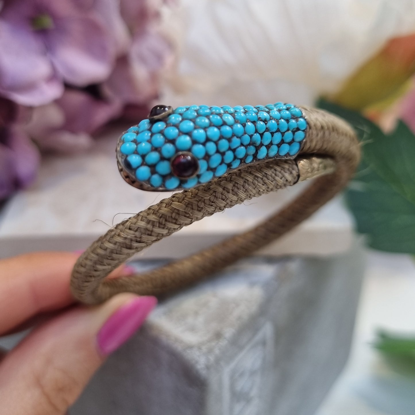 Georgian Antique Turquoise Set Woven Snake Bracelet