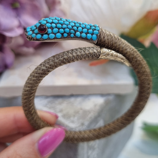 Georgian Antique Turquoise Set Woven Snake Bracelet