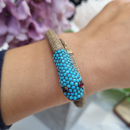 Victorian Antique Turquoise Set Woven Snake Bracelet