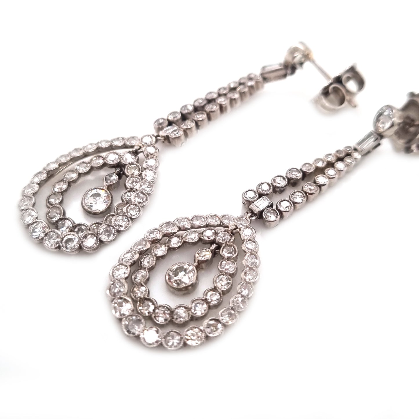 Antique Belle Epoque Old Cut Diamond Cluster Drop Earrings