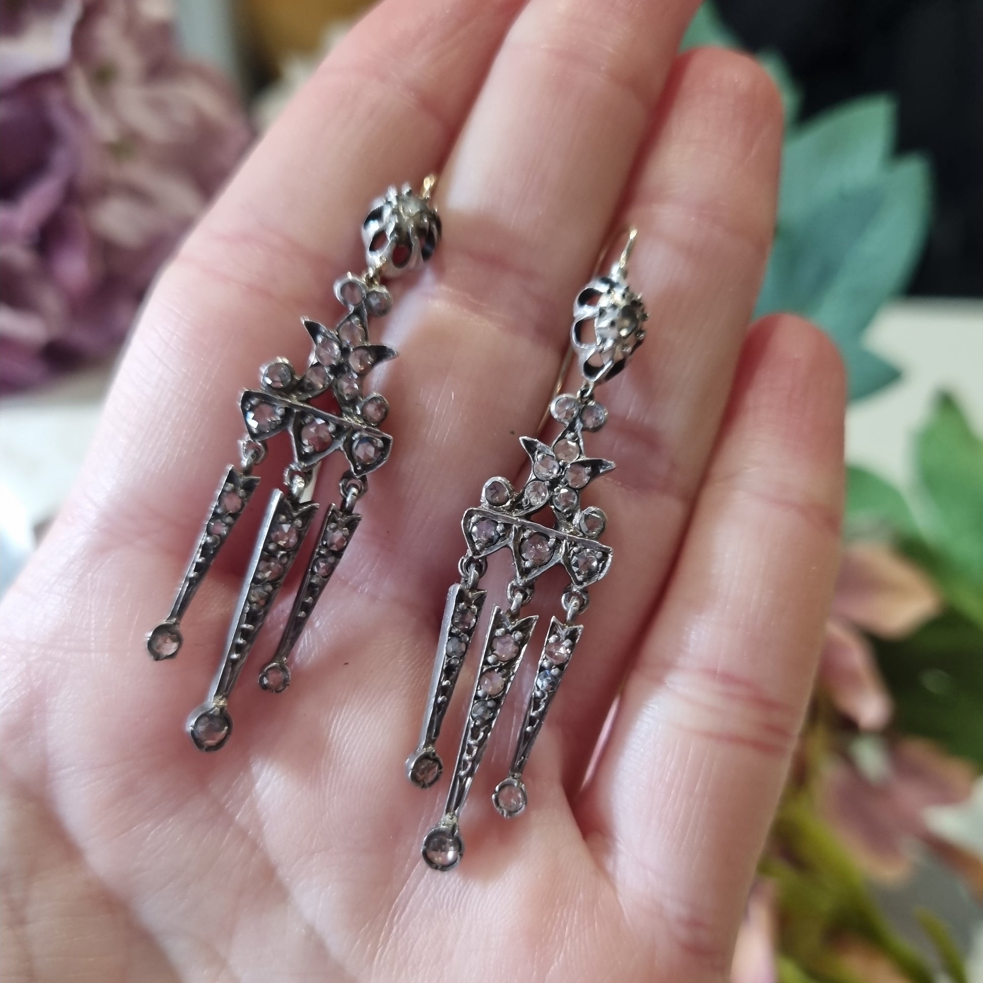 Antique Rose Cut Diamond Girandole Drop Earrings