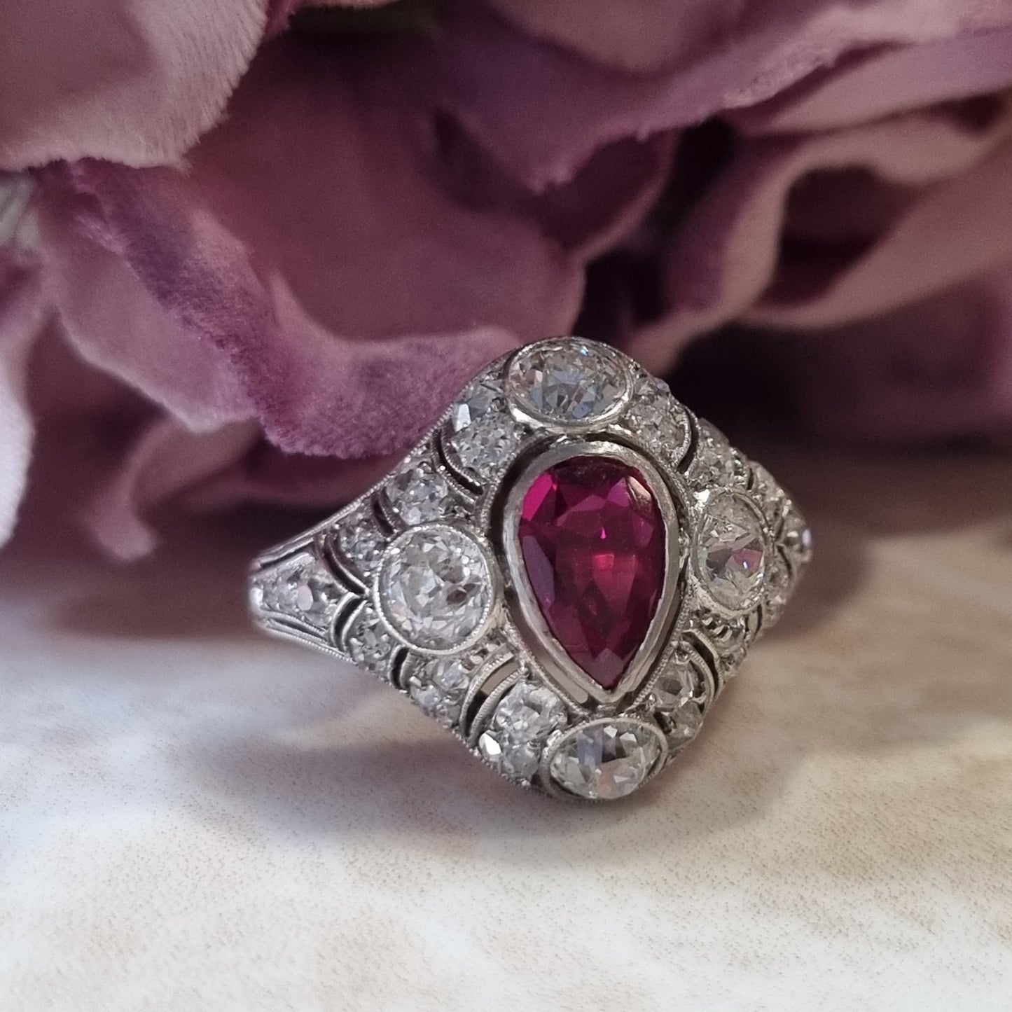 Edwardian Antique Pear Shape Ruby and Diamond Cluster Dress Ring