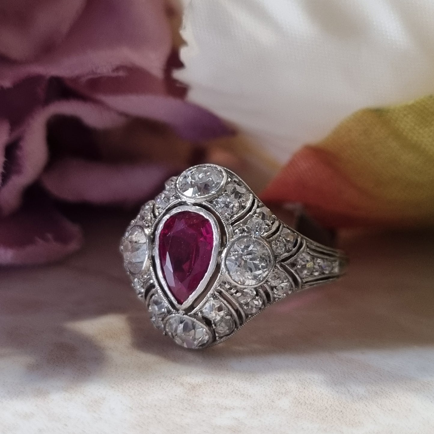 Edwardian Antique Pear Shape Ruby and Diamond Cluster Dress Ring
