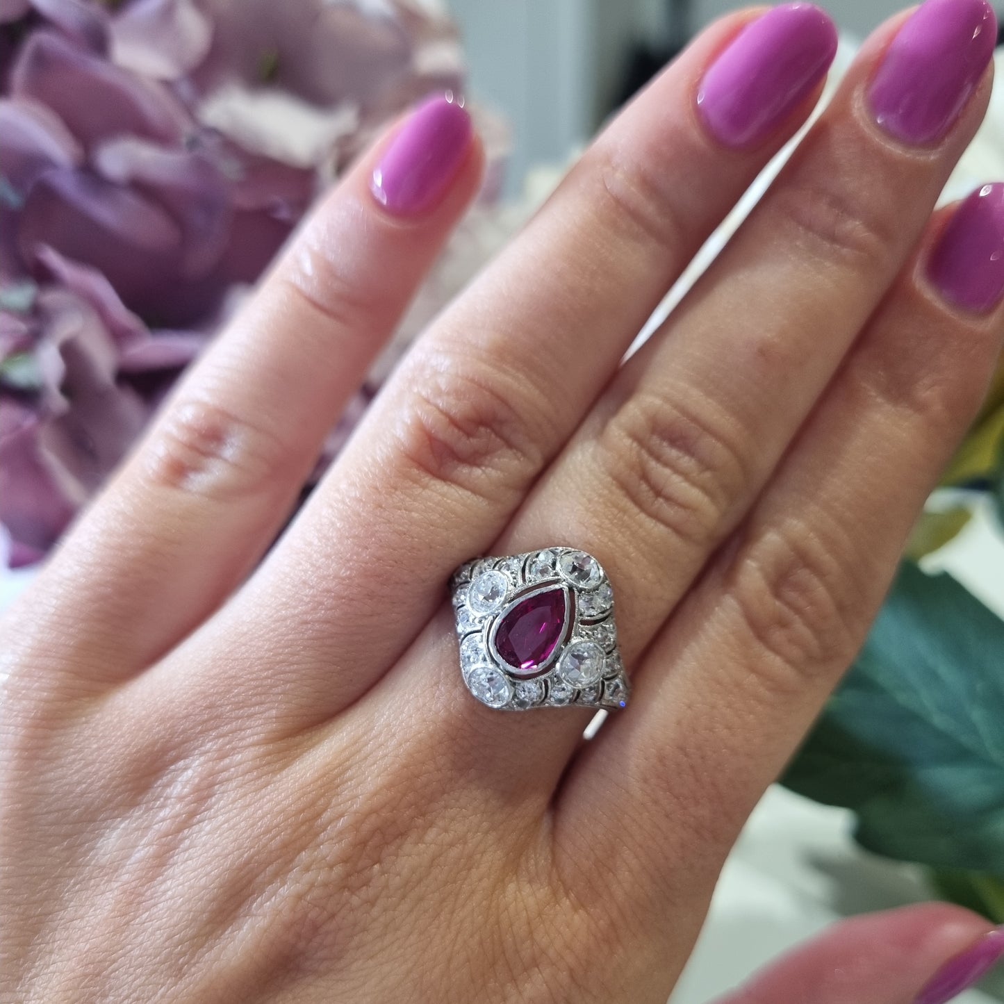 Edwardian Antique Pear Shape Ruby and Diamond Cluster Dress Ring